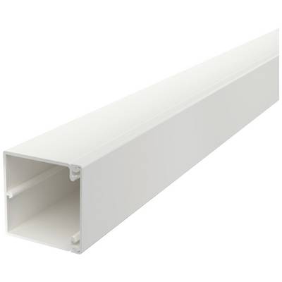 A white plastic trunking in a rectangular shape. Ideal for routing and concealing cables along walls or ceilings.