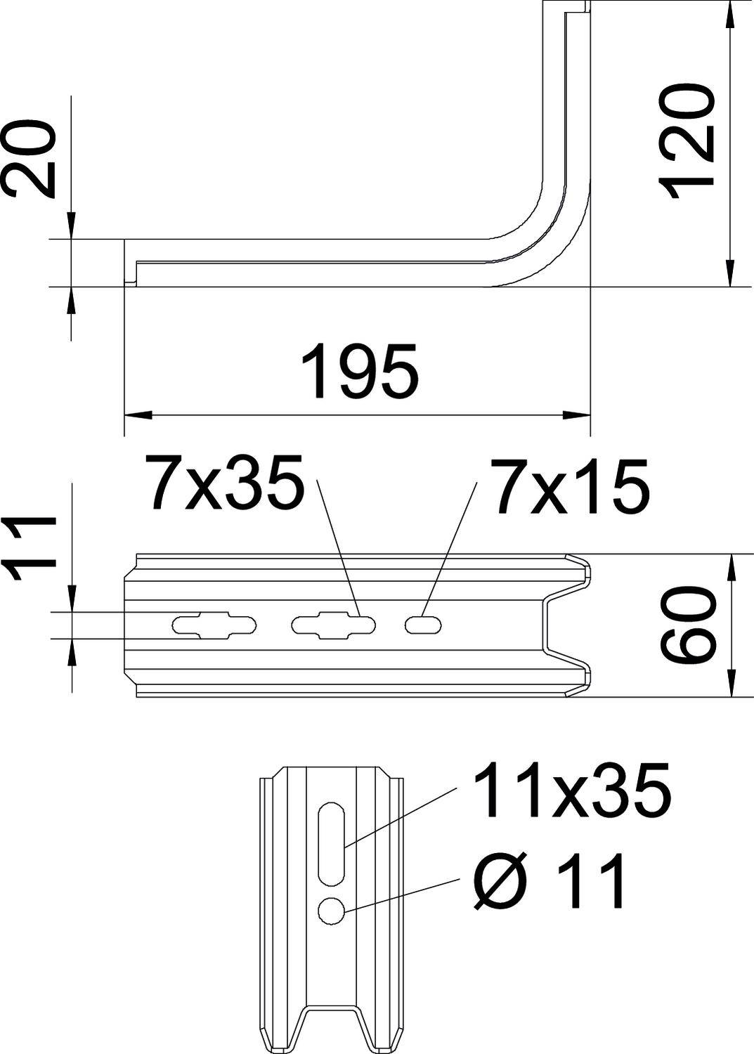 Technical drawing of a metal profile with dimensions: Height 120 mm, Width 195 mm, Depth 60 mm. Details: Ø11, 7x35, 7x15.