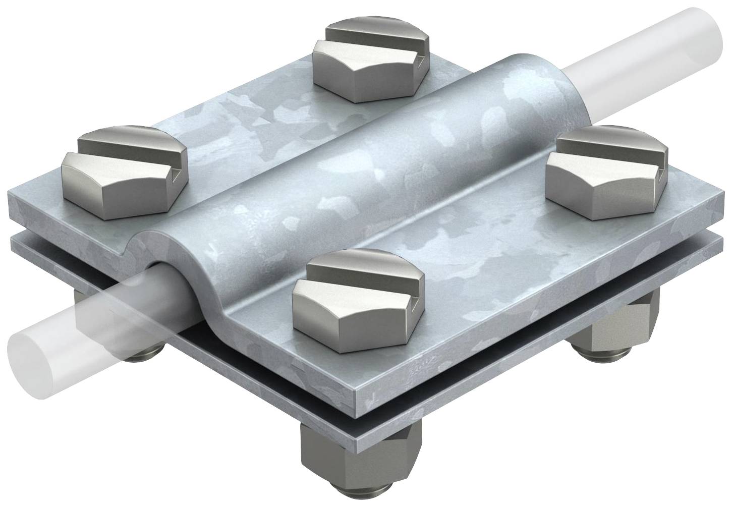Metal pipe clamp with four hexagonal screws that hold together two plates and secure a pipe.