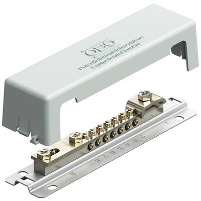 Terminal strip with plastic cover, showing an eight-pole distribution rail for safe electrical installation.