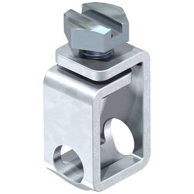 Metal fixing clip with a square structure and screw on top, used for securing in construction or assembly solutions.