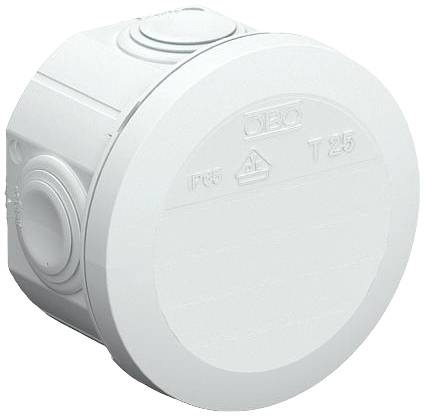 'Round, white distribution box with multiple cable entries, marked IP65 T 125, suitable for outdoor applications.'