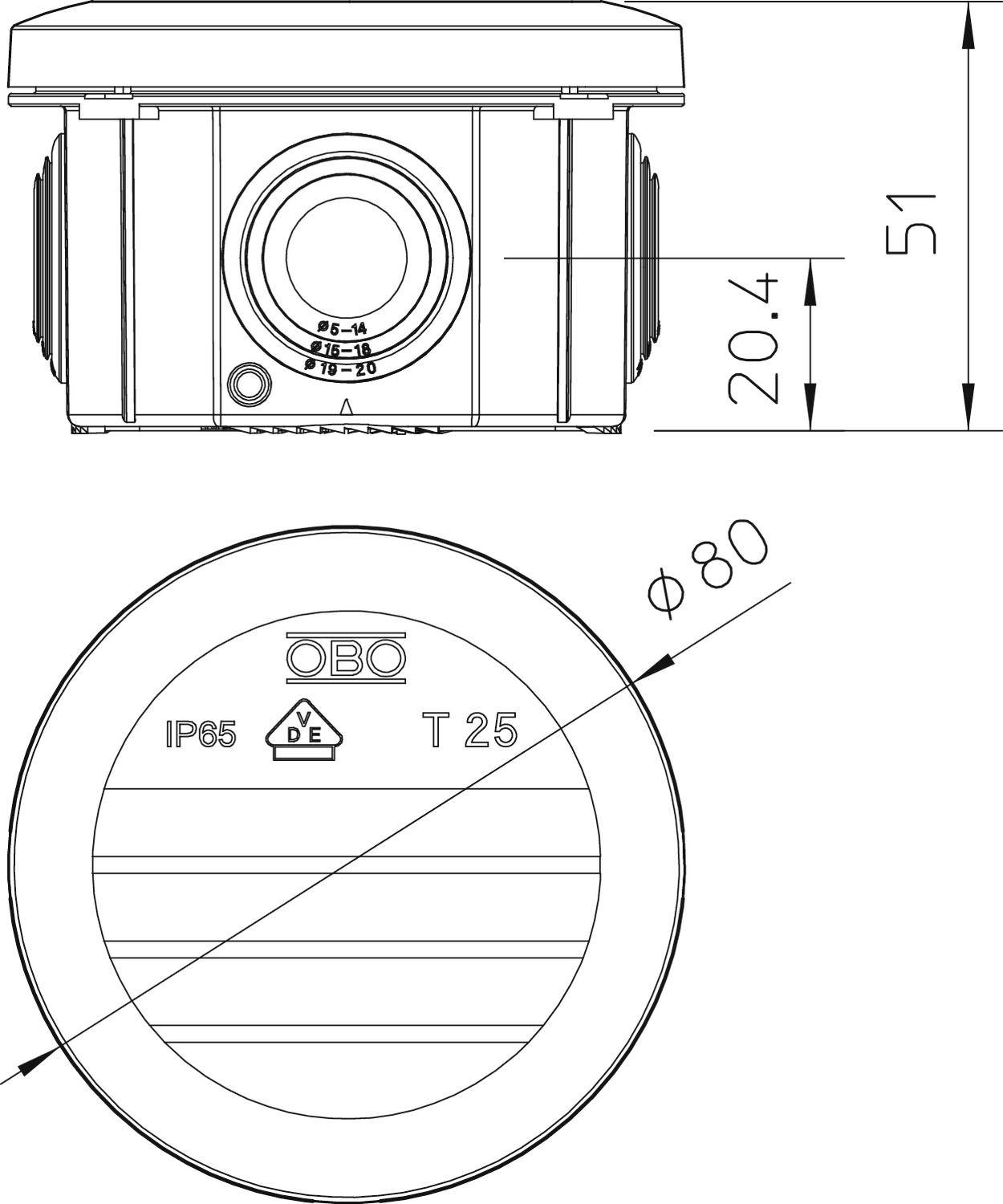 Technical drawing of a sealed junction box with dimensions: 51 mm height, 20.4 mm depth, 80 mm diameter. Inscription 'IP65' and 'T 25'.