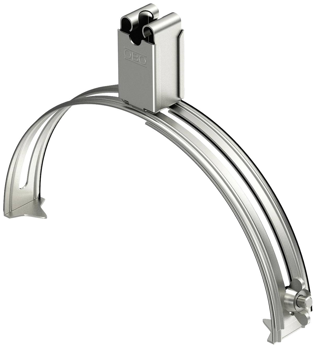 Metal mounting bracket with curved design, suitable for securing cables or pipes, showing a central clamp and curved rail.