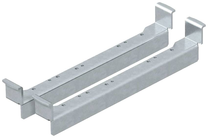 Two silver metal L-shaped brackets, lying parallel to each other, with multiple screw holes along the longer side.