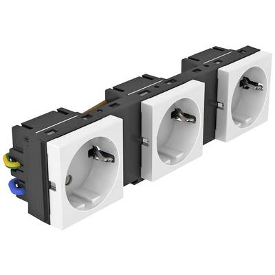 Three white socket modules connected in series with earthed contacts, integrated into a black housing.