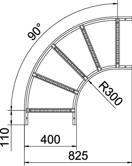 Technical drawing of a 90-degree cable trunking with a radius of 300 mm, width 400 mm, height 110 mm, overall diameter 825 mm.