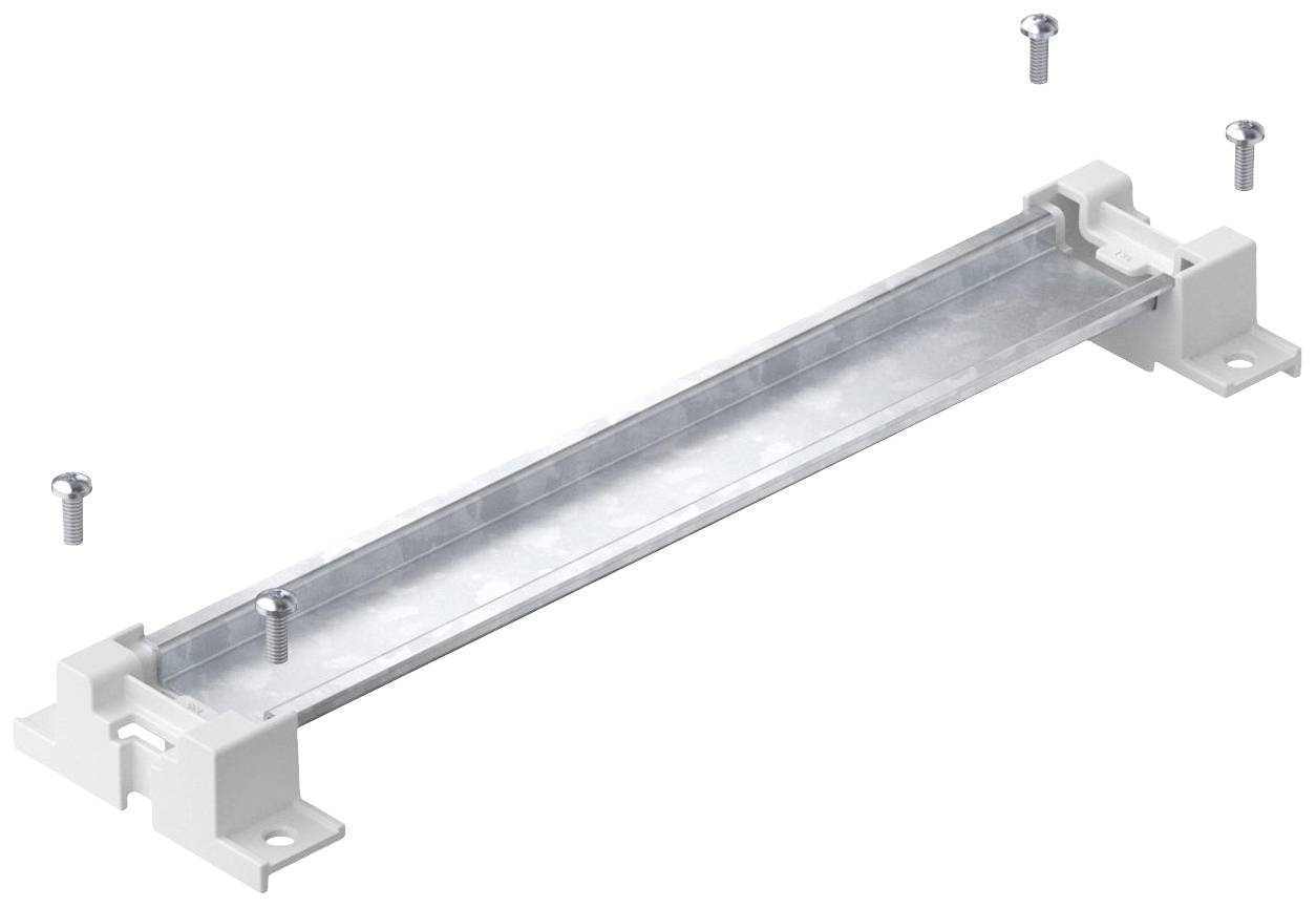 Metal channel with four screws, two at the channel's ends, two on top. Used for cable fastening or routing.