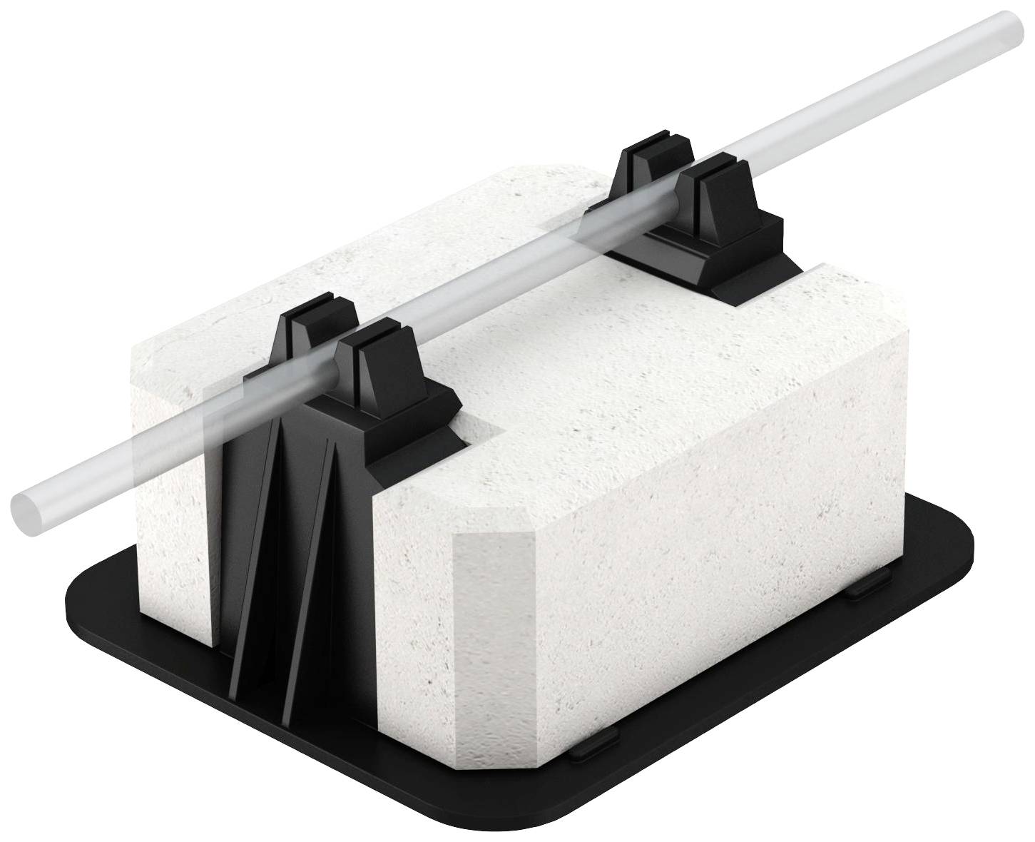 Concrete base with pipe supports, on which a metal pipe lies horizontally.<br><br>Translation to British English:<br>Concrete plinth with pipe mountings, upon which a metal pipe rests horizontally.