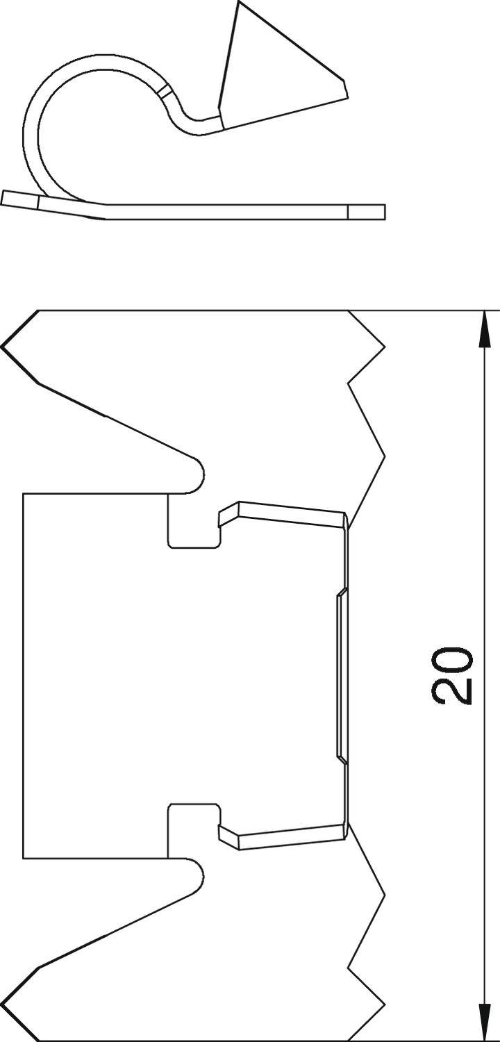 Technical drawing of a component with dimensions and shapes; two main views: side and top. Edge indicates 20 mm length.