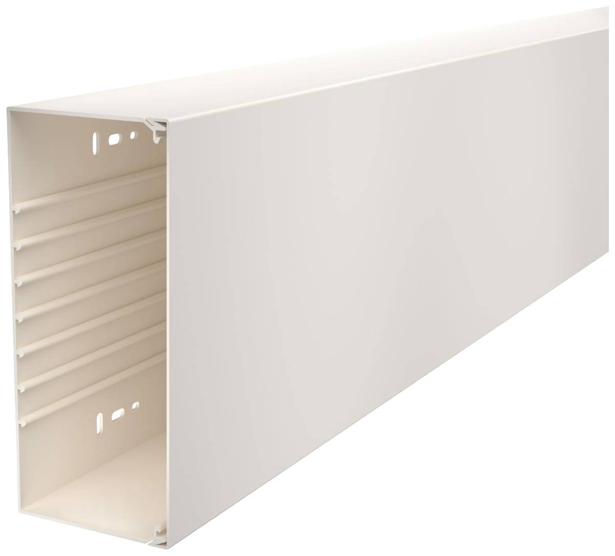 A rectangular, light-coloured cable trunking with an open side and multiple mounting holes, suitable for neat cable routing.