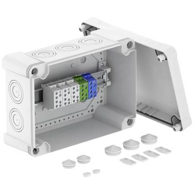 An open, rectangular distribution box with multiple cable entry points on the top and removable covers.