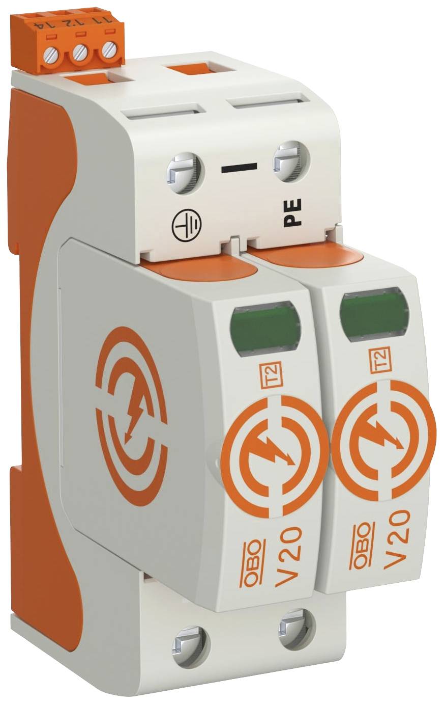 Surge protection device in white and orange with two green LED indicators. Labelled 'OBO V20'. Primary component for electrical protection.