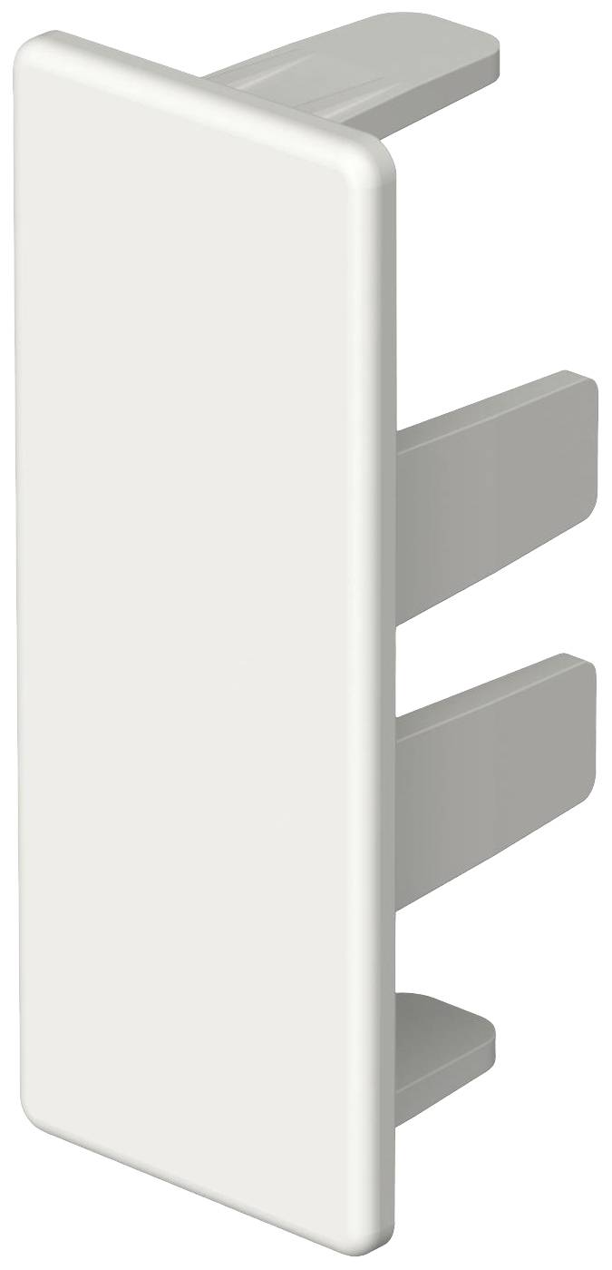 A white, rectangular plastic blanking plug with three mounting lugs, shown from the side.