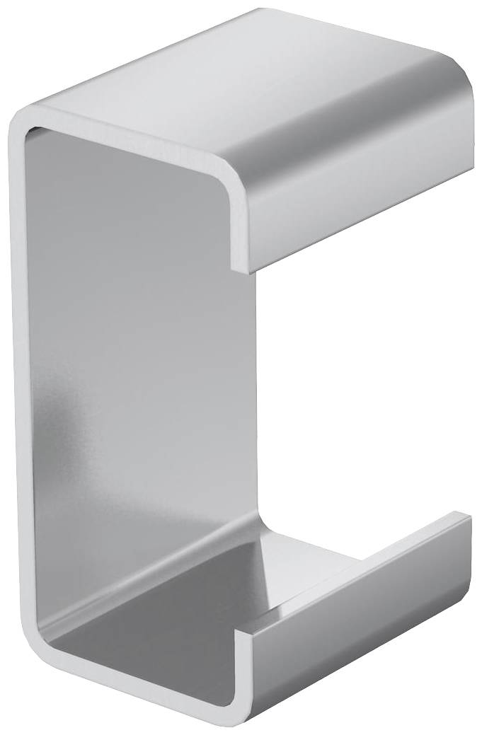 C-shaped metal hook, used for holding or hanging objects.
