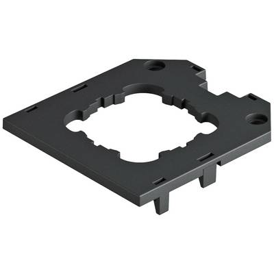 'Black plastic CPU holder with square cut-outs and mounting points at the corners.'