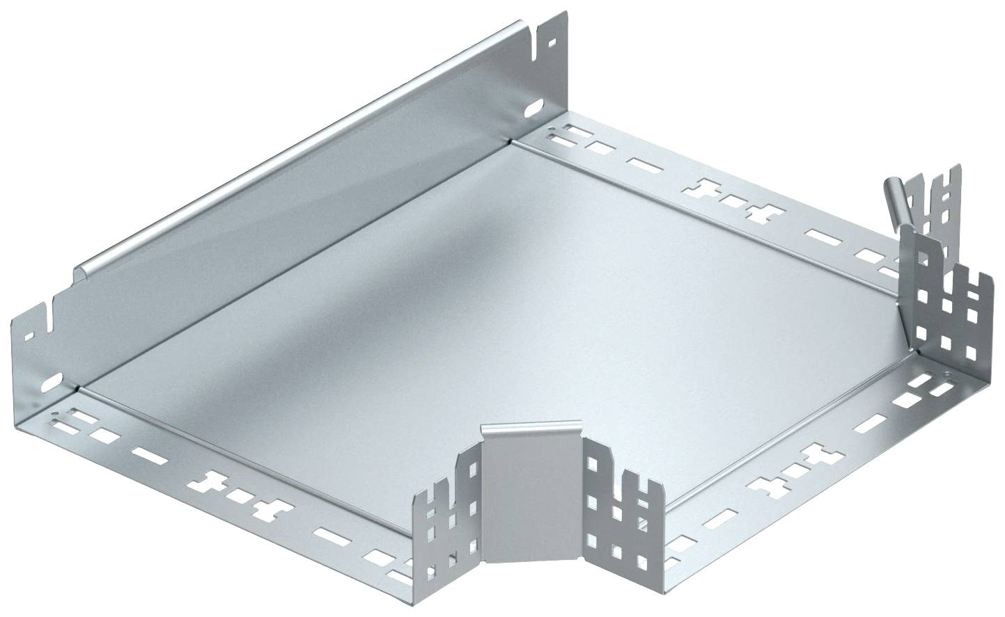 Metallic cable trunking 90-degree angle piece with perforated mounting brackets at the corners for cable attachment.