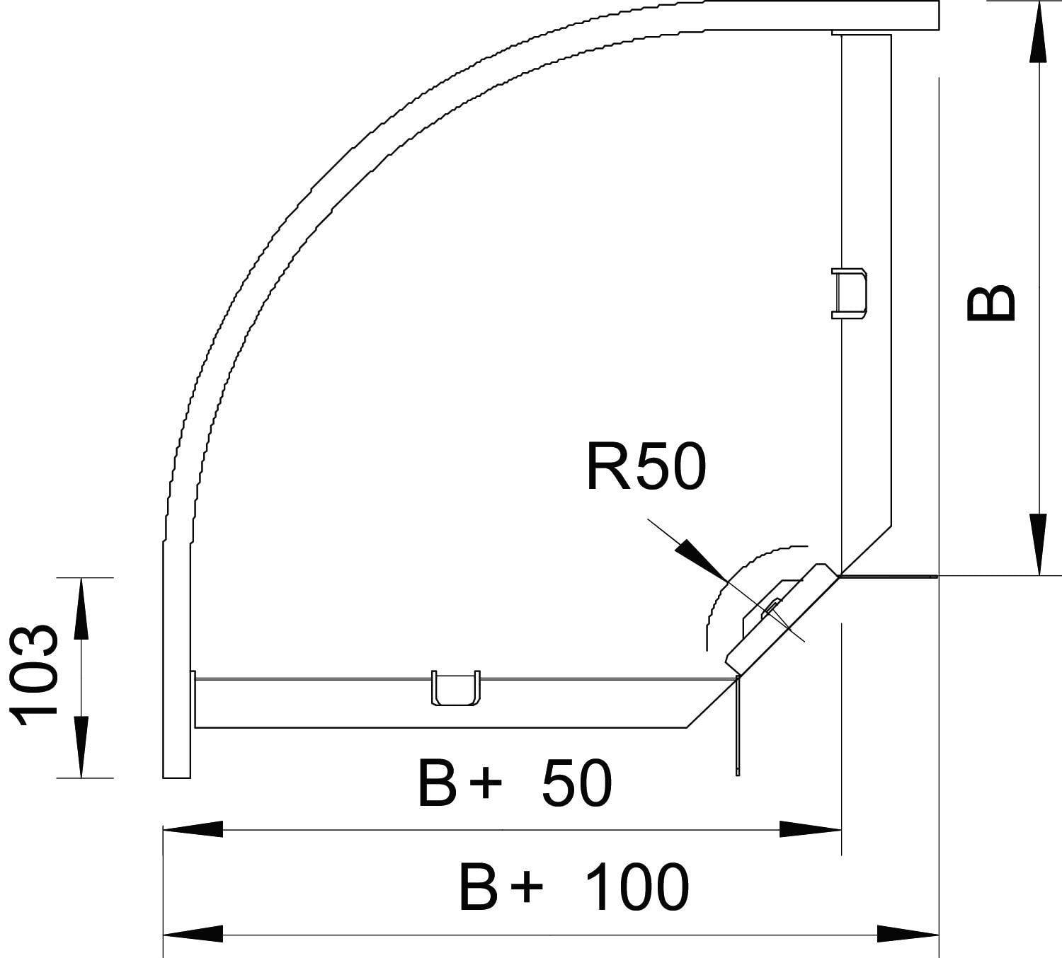 Technical drawing of a curved component with dimensions: Height 'B', Width 'B+100', Radius 'R50', and other measurements.