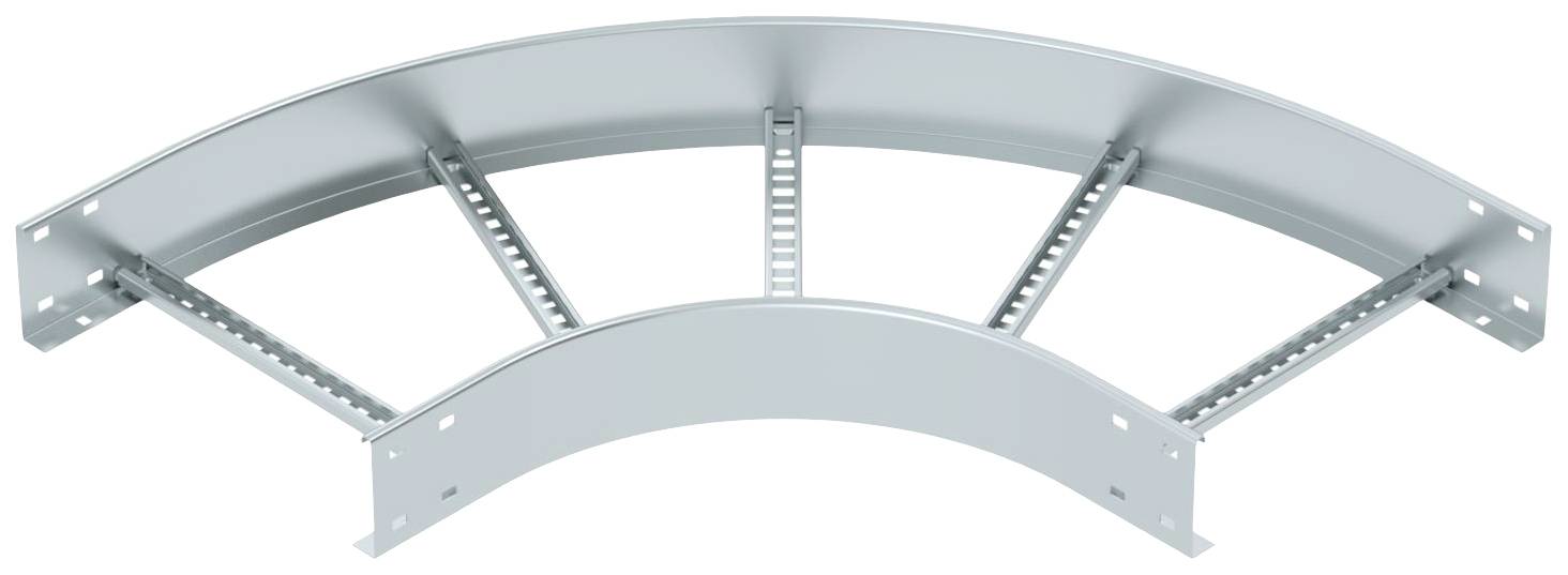 A silver, curved metal cable trunking with side mounting holes and cross-bracing. Ideal for cable management.