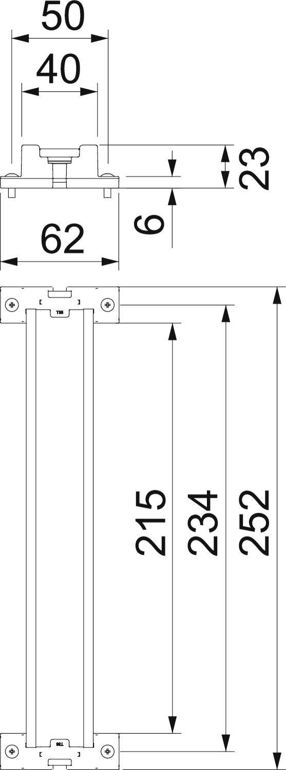 Technical drawing of a structural component with dimensions: width 50, height 40, length 62, additional length points at 215, 234, 252 millimetres.