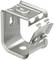 Metal angle bracket with mounting holes and clips. Used for installing electrical or mechanical components.