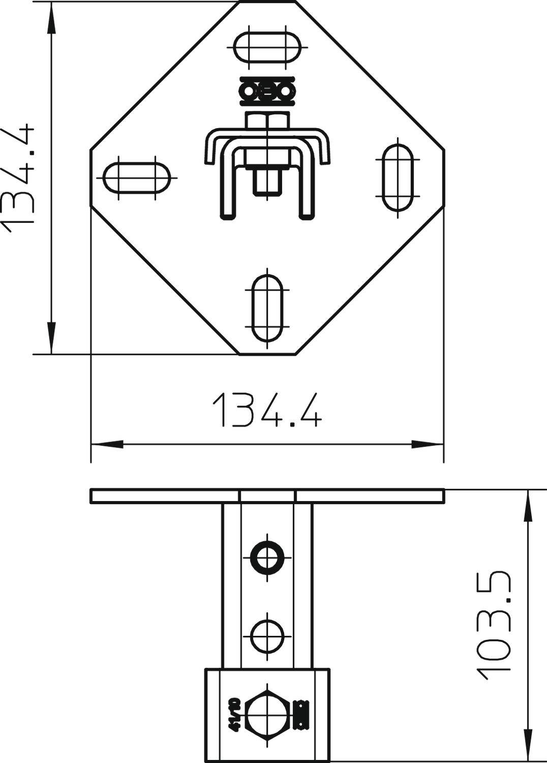 Technical drawing of a mounting plate with dimensions: 134.4 x 134.4 mm. Side view shows vertical mounting with 103.5 mm height.