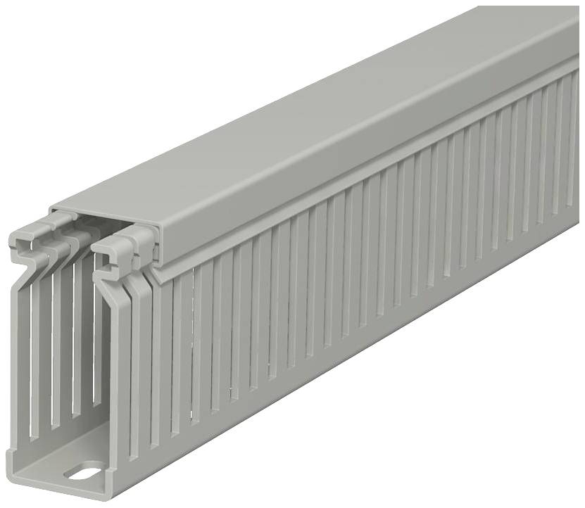 Cable trunking with a rectangular cross-section, grey in colour, with vertical slots on the sides for cable management.