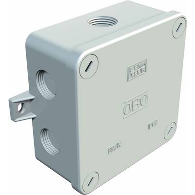 A grey-white plastic junction box with side openings and screws at the corners, suitable for electrical installations.