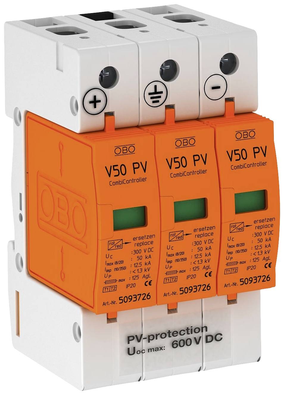 Three-phase overvoltage protection V50 PV CombiController by OBO for PV installations. Protection up to 600 V DC, replacement indicators integrated.