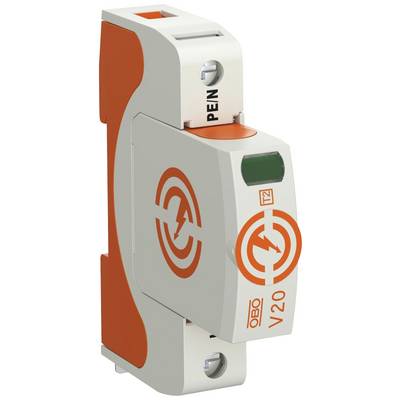 Lightning and surge protection device in an orange and white housing, labelled 'V20'. Suitable for installation in an electrical cabinet.