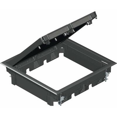 Electric floor distribution box with open lid, metal frame and plastic housing, suitable for cable management.