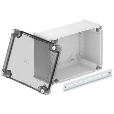 A rectangular grey plastic box with a removable, transparent lid and a metal rail beside it. Suitable for electronics assembly.