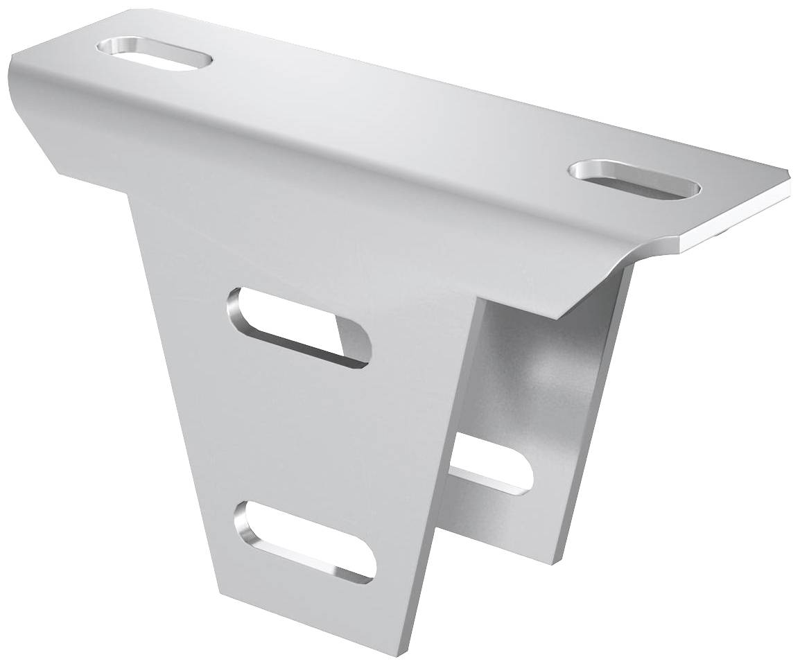 Metal angle with five rectangular holes, symmetrically arranged. Used for connecting and stabilising structures.