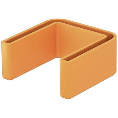 An orange, U-shaped plastic clip, commonly used for organising or fastening items.