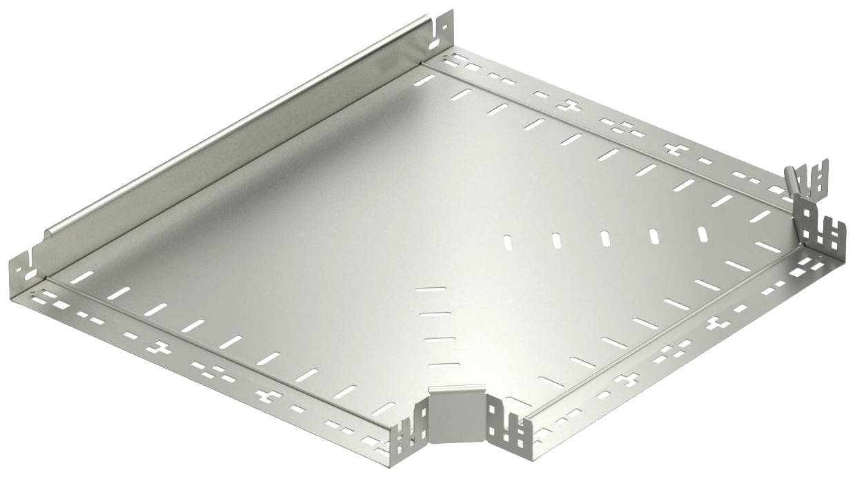 Metal element with a right-angled design, perforated edges, and mounting slots, potentially part of a cable management system.