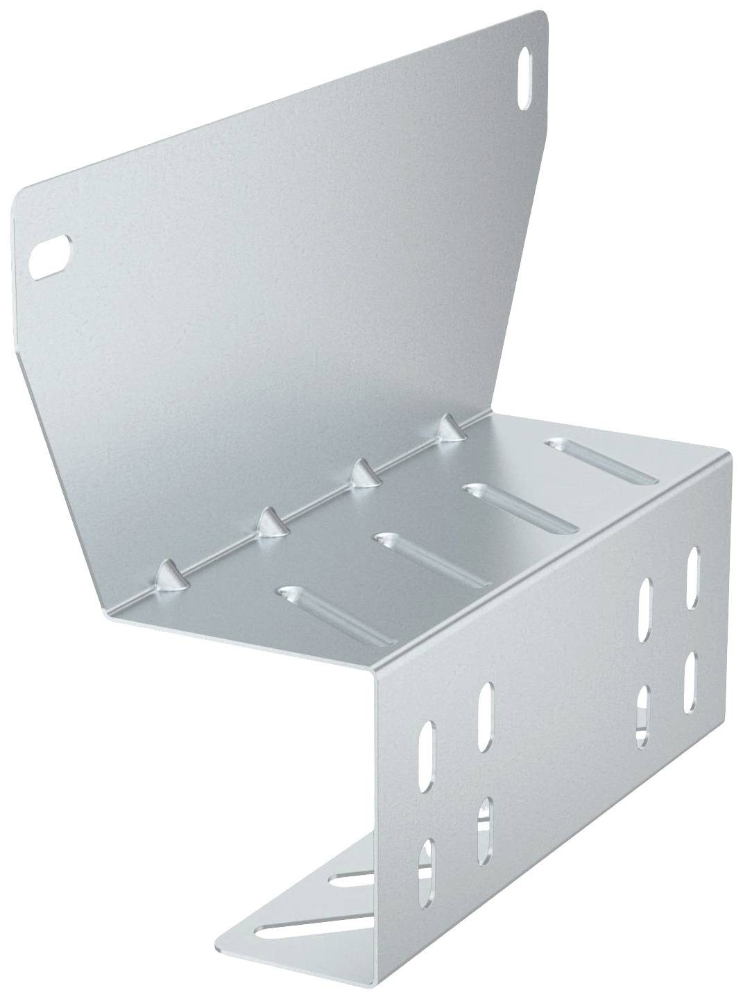 A silver metal angle plate with multiple pre-punched holes and reinforcement grooves, suitable for stable constructions.