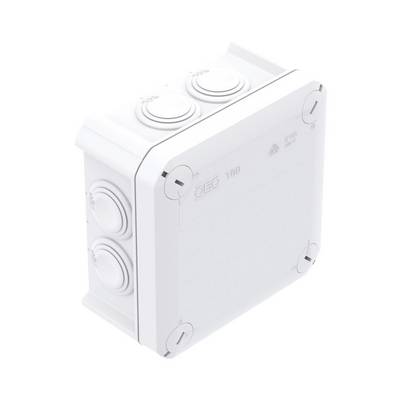 White electric junction box with four visible screws; suitable for cable management and electrical installations.