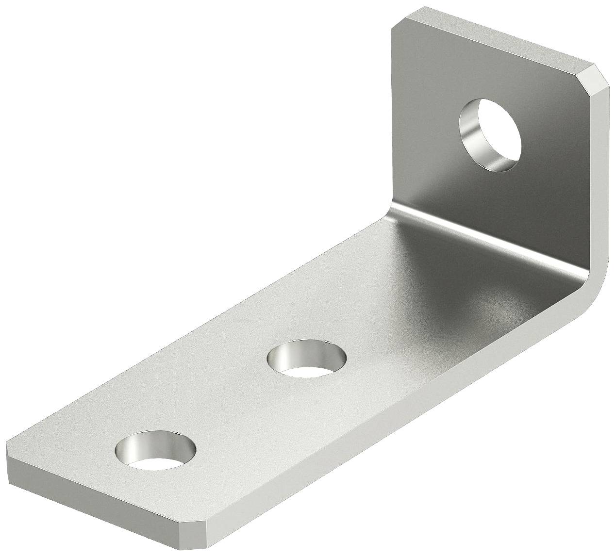 Metal angle bracket with three holes, two on the long side and one on the short side, for use in constructions.