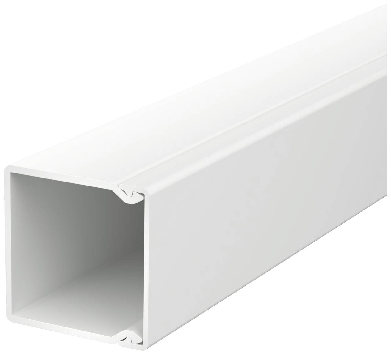 A white plastic rectangular cable trunking, open at one end. Used for tidy cable management.