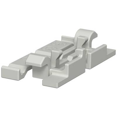 A grey plastic component with complex shapes and recesses. It has an industrial function, possibly serving as a mounting bracket.