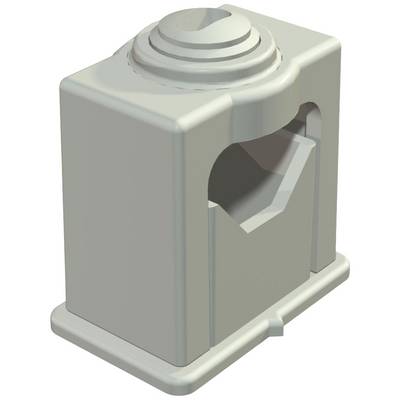 A grey, cube-shaped component with a vertical recess on the front face and a stepped structure on the top surface.