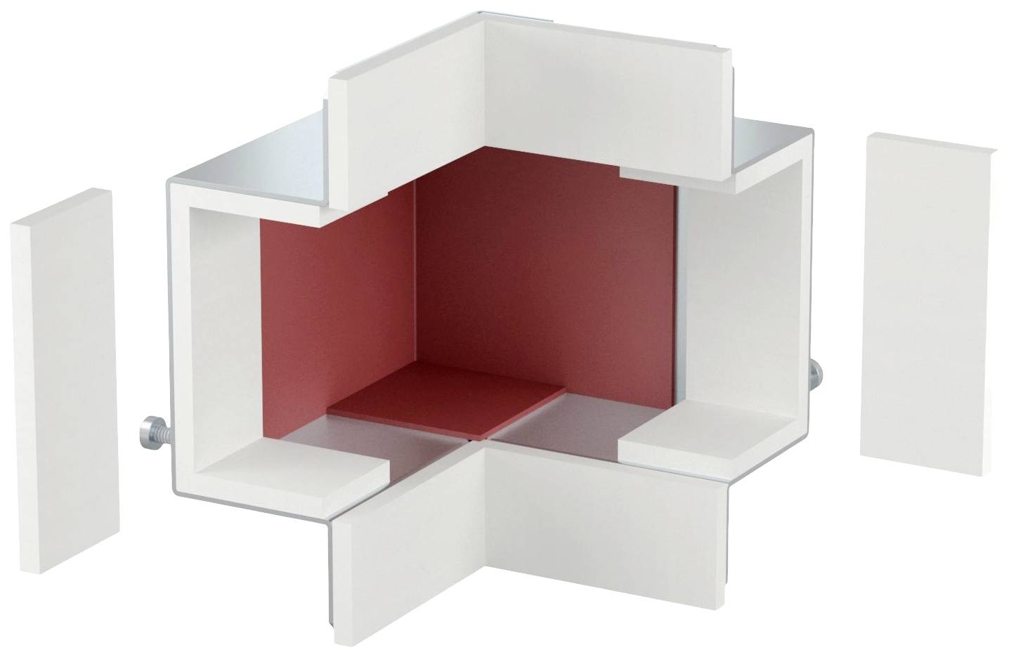 A white, hexagonal room with red walls in the centre, depicted as an exploded view.