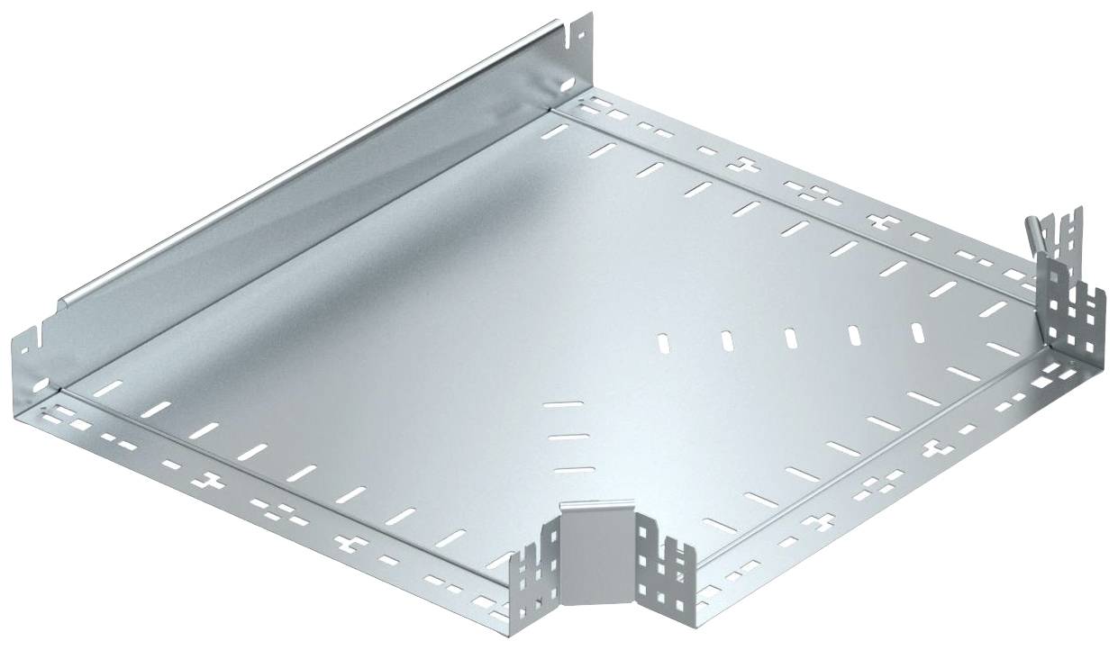Metal cable trunking corner piece with side mounting holes, suitable for use in electrical installations for corners.
