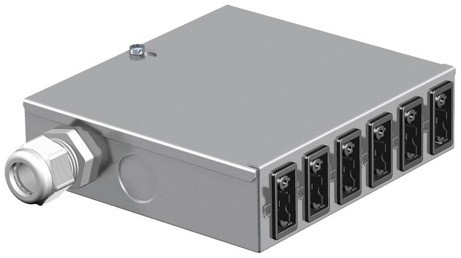 Metal box with seven black Ethernet ports in a row on the right side and a cable connection on the left.