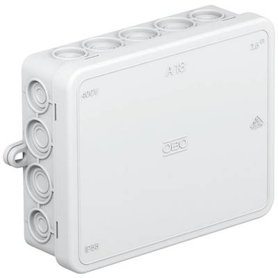 White plastic junction box with removable cover, suitable for electrical installations up to 400V and with IP55 protection rating.