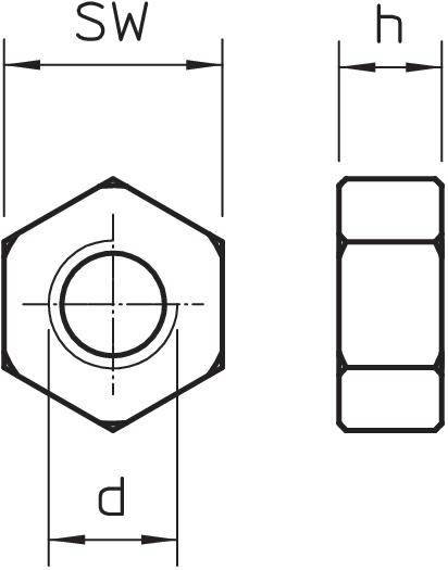 Technical drawing of a hexagonal nut with dimensions AF (across flats), h (height), and d (diameter). Top and side view.