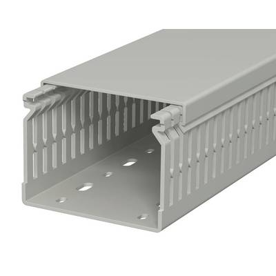 Grey plastic cable trunking with side slots for cable management, open front revealing mounting holes in the base.
