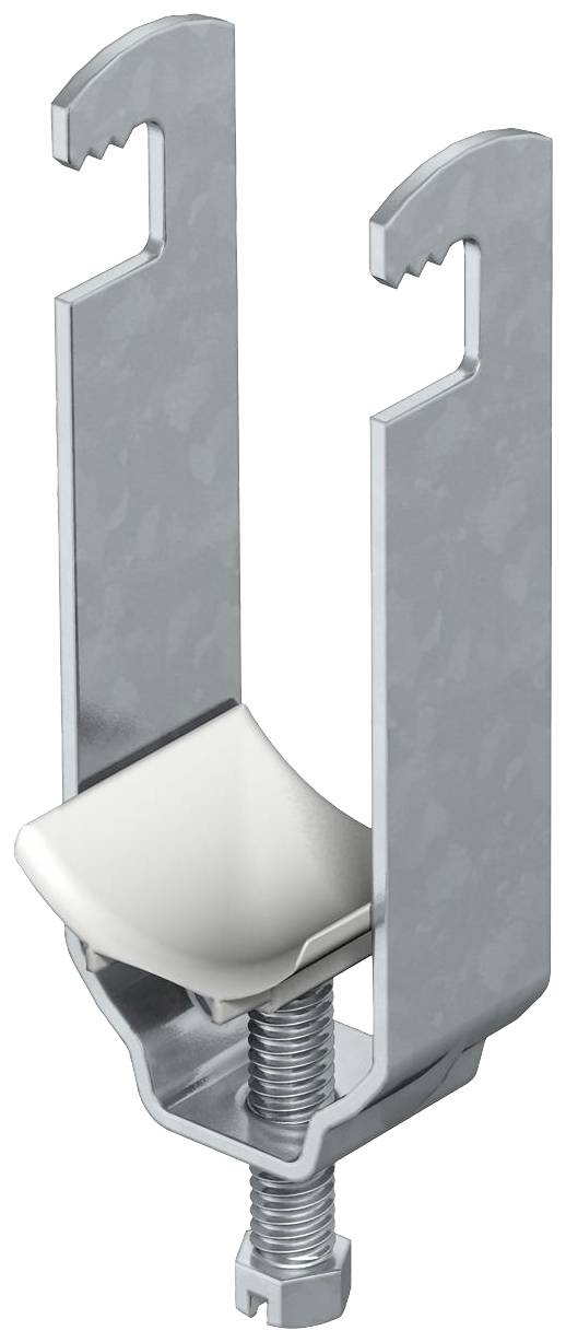 Metallic mounting bracket with adjustable clamp, suitable for securing cables or other slender objects.