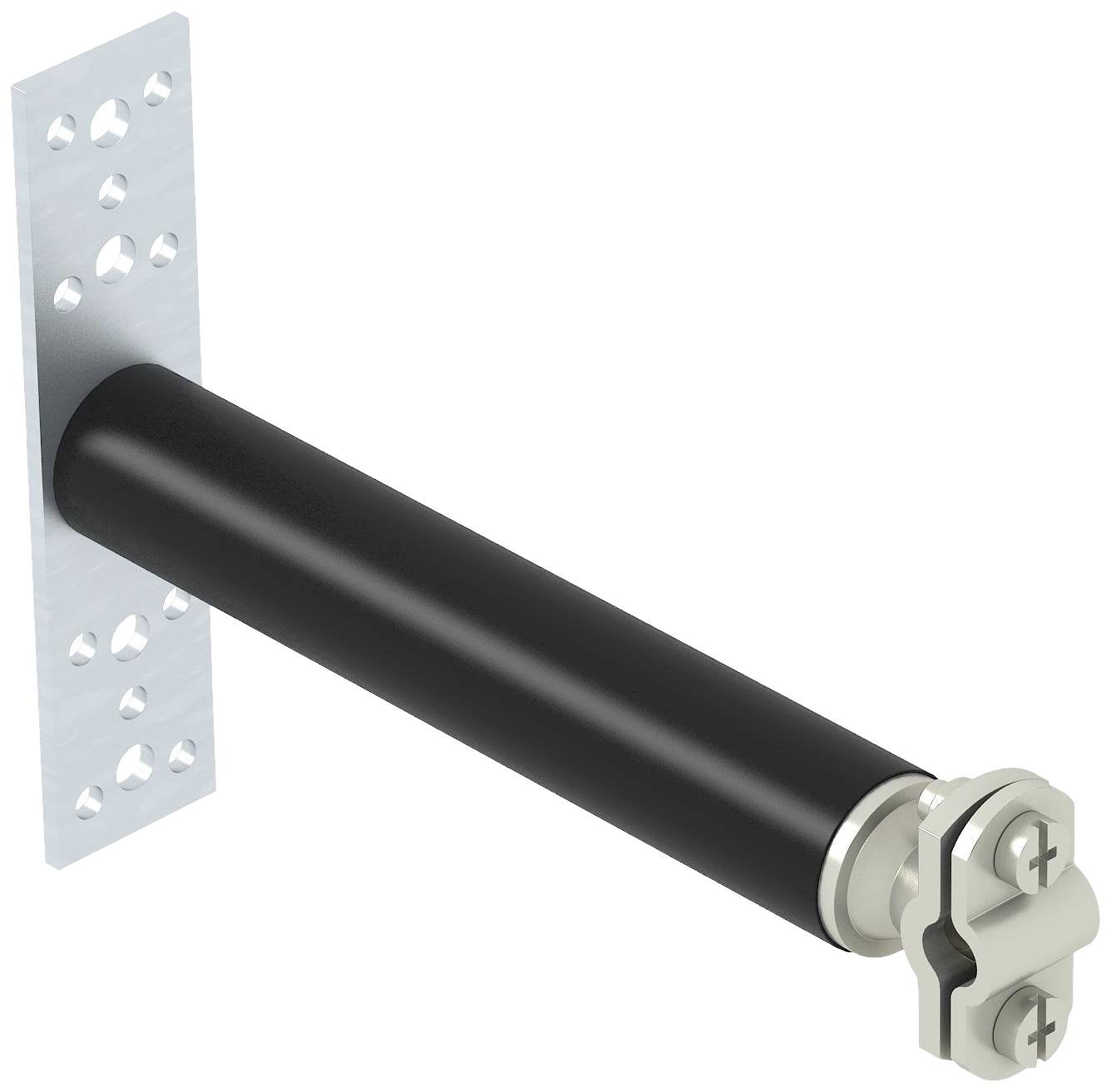 Black cylindrical lever arm with metal mounting bracket and multiple holes, potentially for industrial or mechanical applications.