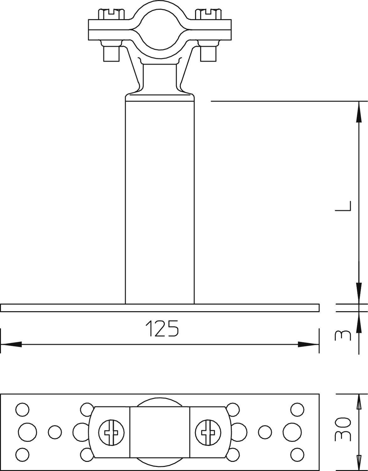 Technical drawing of a mechanical connection with dimensions. Top view of a holder with height 'L', width 125 and bottom edge 30.